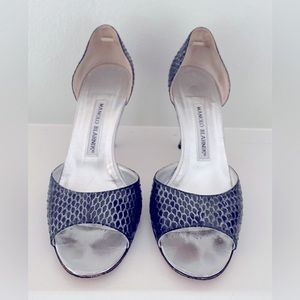 Manolo Blahnik -Stunning snake skin genuine leather open toe dark silver/gray.